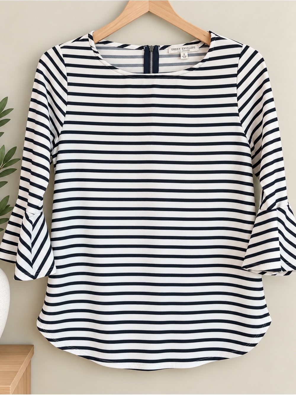 Green Envelope Black & White Striped Bell Sleeve Top